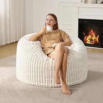 Hobestluk 3ft Bean Bag Chairs for Adults Large Beanbag Chair with Stripe Plush Cover Big Bean Bag Chair for Living Room Bedroom Dorm Office - White (36” x 36” x 22”)