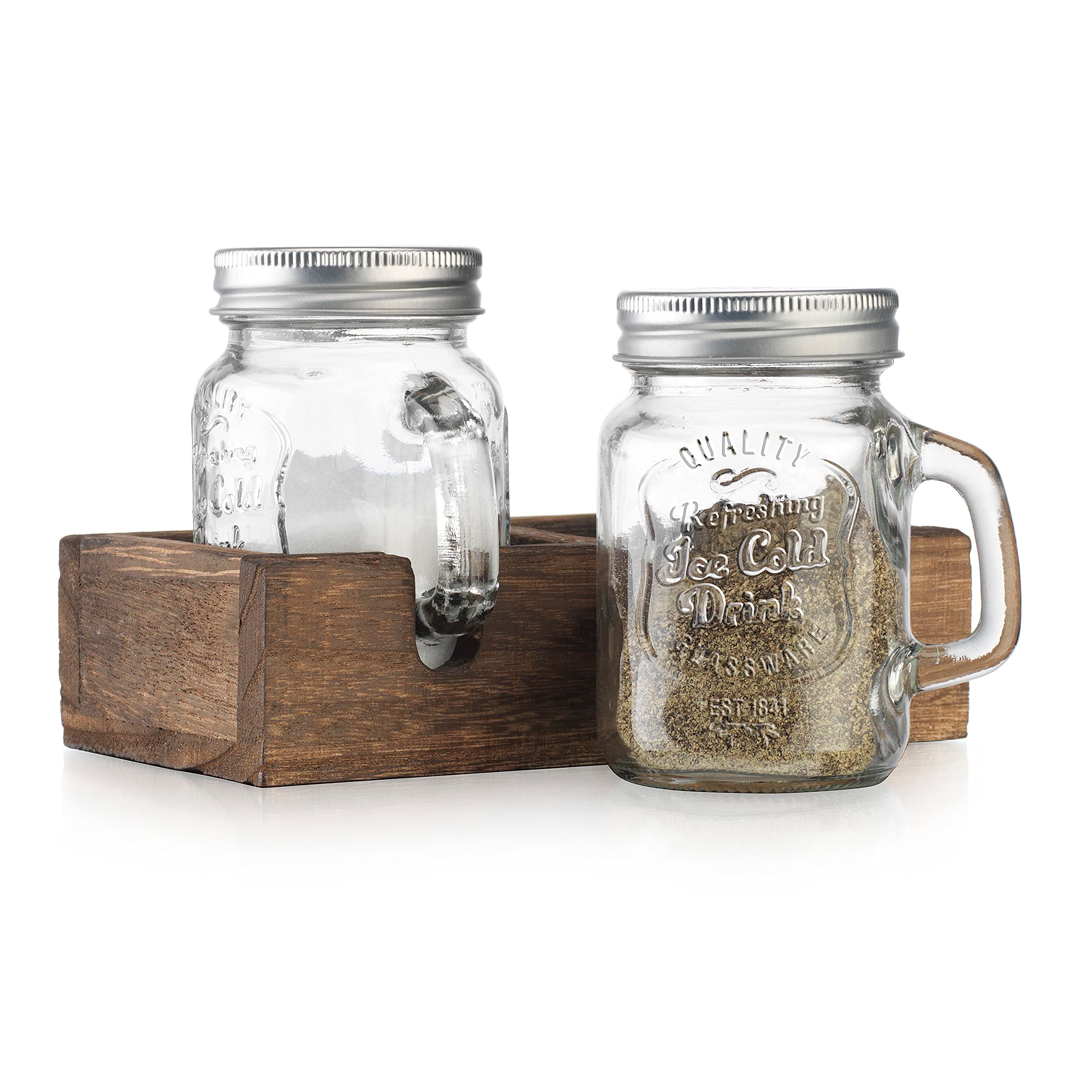 Mason Jar Salt and Pepper Shakers - Vintage Glass Condiment Dispenser Set with Wooden Holder Caddy - Farmhouse Kitchen Decor, Easy Refill 5-ounce Capacity with Stainless Steel Lids