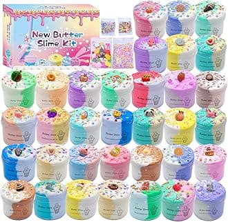 Butter Slime Kit 34 Packed Two-Toned Colorful Slime, Stress Relief Toys, Party Favors for Kids Girl Boys Kids 6 7 8 9 10 11 12