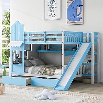 Full-Over-Full Bunk Beds Castle Style Bunk Bed with 2 Drawers 3 Shelves and Slide - Blue