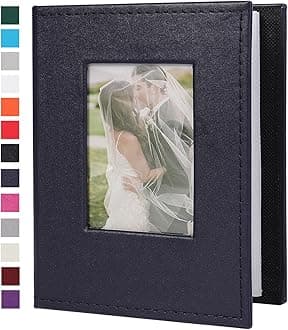 RECUTMS Small Photo Album 4x6 52 Photos, Leather Cover Mini Photo Book with Front Window Holds 52 Vertical Photos, for Artwork or Postcards Storage Wedding Family Baby Vacation(Dark Blue)