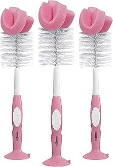 Dr. Brown's Reusable Sponge Baby Bottle Cleaning Brush Set with Suction Cup Stand, Scrubber and Cleaner, Pink, 3 Pack