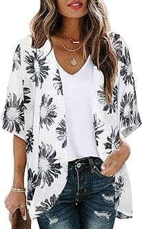 Women's Floral Print Puff Sleeve Kimono Cardigan Loose Cover Up Casual Blouse Tops