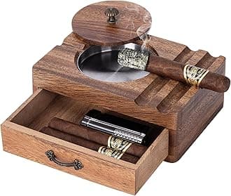Joyoldelf Cigar Ashtray Wooden Box - Windproof Lid, Stainless Steel Removable Bowl, Cigar Holder & Drawer Organizer - Vintage Outdoor Ashtray Gift for Men, Patio, Porch, Home Bar