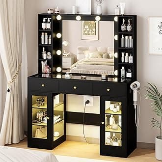 Black Vanity Desk with Mirror and Lights, Glass Top Vanity with Lighted Mirror & RGB Glass Cabinet and 3 Drawers, Makeup Vanity Desk with Lights Dressing Table for Bedroom, 3 Color Modes