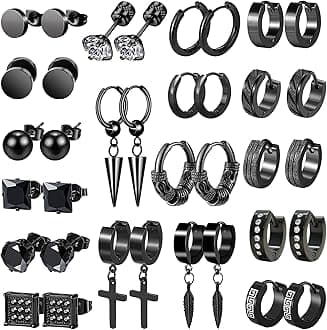Earrings for Men - 18 Pairs, Black Gold Silver & Stainless Steel Stud, Cross, Dangle, Hoop Earrings Set - Fashion Piercing Jewelry