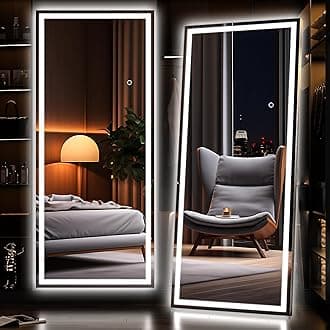 Hasipu Full Length Mirror with Lights, 180x60cm LED Lighted Floor Standing Mirror 3 Color Lighting, Full Body Dressing Hanging Mounted Mirrors, Dimmable, Tempered Glass, Safe to Use