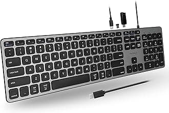 Premium Wired USB C Keyboard With USB Ports - Connect Up to 3 Devices - (2X USB-A |1x USB-C Ports) - For Mac, iMac, Macbook, and PC - Slim Full Size Type-C - Space Gray