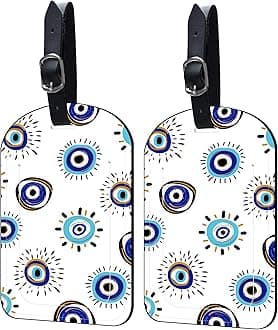 Neidius 2 Pack Luggage Tags Evil Eye PU Leather Baggage Handbag Suitcase Tags with Secure Strap Privacy Cover ID Labels,Business Travel Baggage Tag Identifier