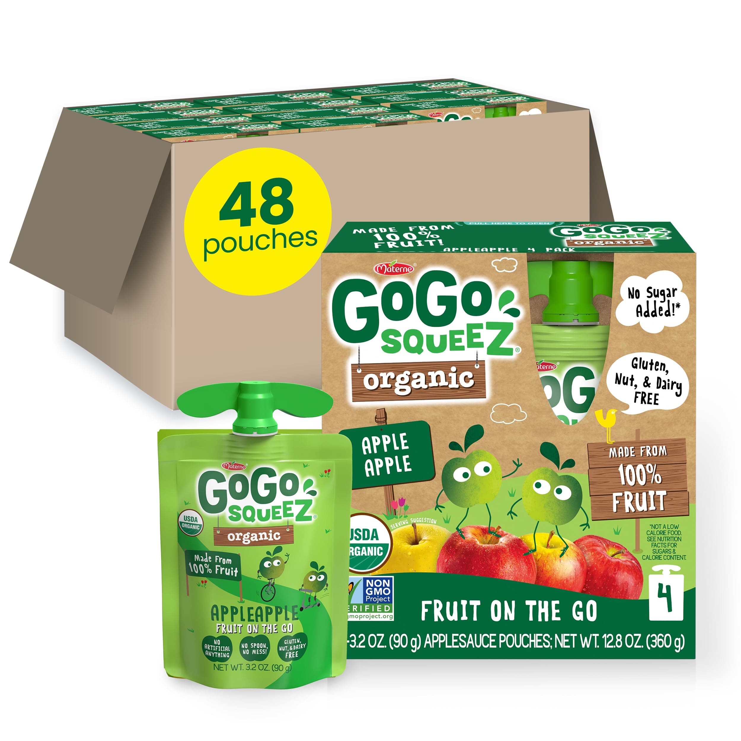 GoGo squeeZ No Sugar Added Organic Applesauce and Fruit Puree, Apple Apple, 3.2 oz Pouches (Pack of 48), Fruit Snacks for Kids, Gluten Free, Nut Free, Recloseable Cap, BPA Free
