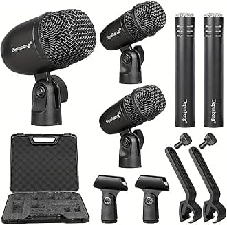 Depusheng 5-Piece Wired Dynamic Drum Mic Kit (Whole Metal) Kick Bass, Tom/Snare & Cymbals Microphone-Use for Drums, Vocal, Other Instrument Complete with Thread Clip 7 On Stage Audio Cables