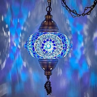 Plug in Pendant Light, Turkish Moroccan Mosaic Ceiling Hanging Pendant Light Fixture Lamp, 6.5" Shade, 15ft Thick Leaf Type Metal Chains, Cord & Plug (Blue)