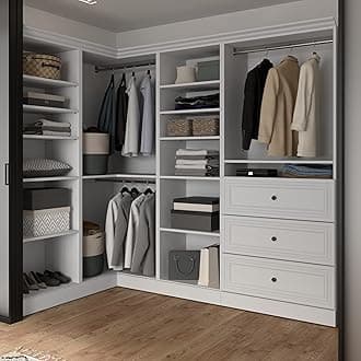 Bestar Versatile Walk-in Closet Organizer System, 97-inch White Wardrobe and Drawers for Home Storage, Bedroom, Laundry, or Entryway