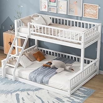 Twin XL Over Queen Bunk Bed for Kids/Adults,Queen Size Floor Bunk Beds with Inclined Ladder,Solid Wood Low Bunk Bed,Detachable Bunk Beds for Teens,Girls,Boys(White)