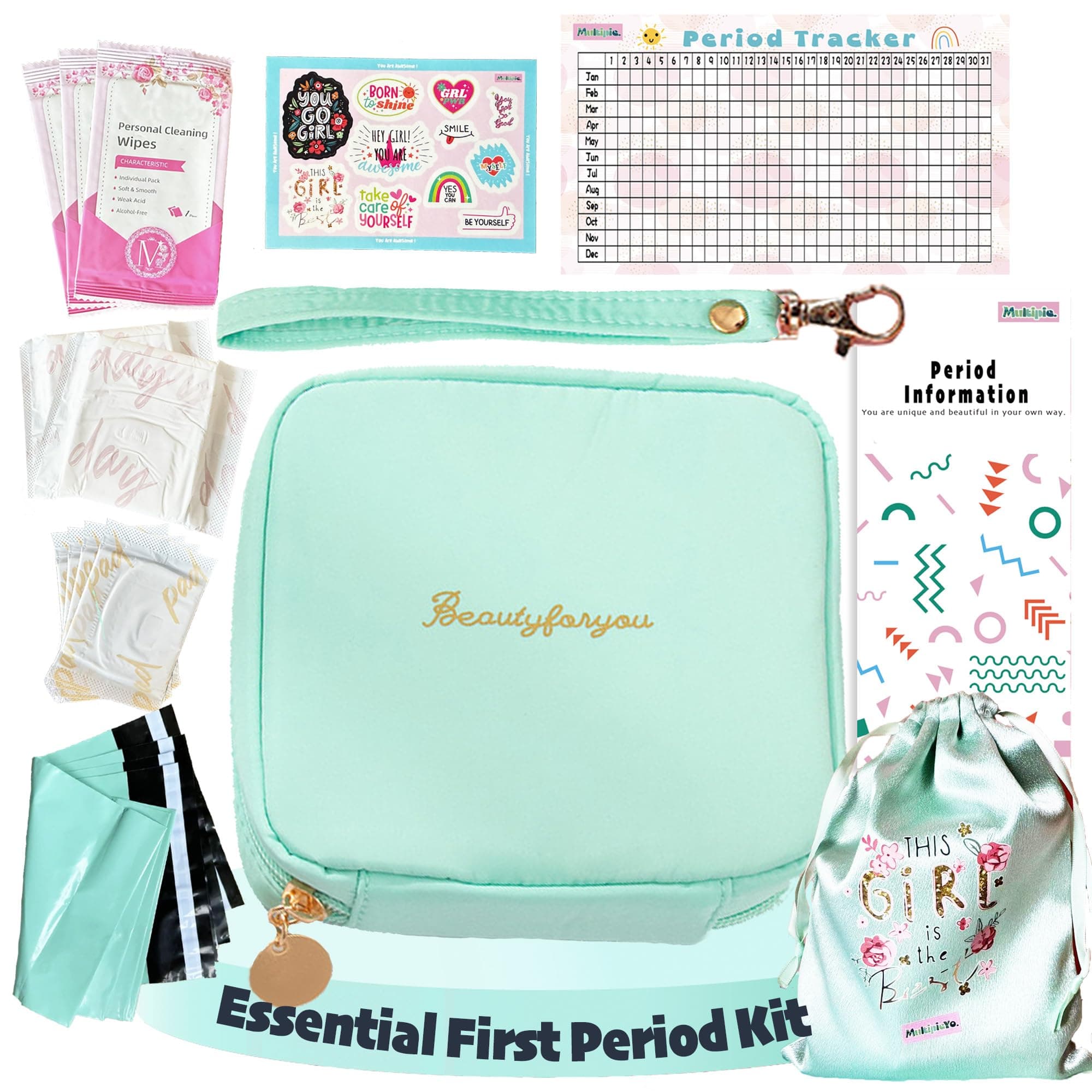 Essential First Period Kit for Girls 10-12 | Period Bags for Teen Girls for School | First Period Gift with Sanitary Pad Storage Bag, Wipes, Period Tracker and More(Mint)