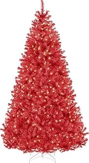 Best Choice Products 4.5ft Pre-Lit Red Christmas Tree, Full Artificial Holiday Decoration w/ 362 Branch Tips, 175 Lights, Foldable Base