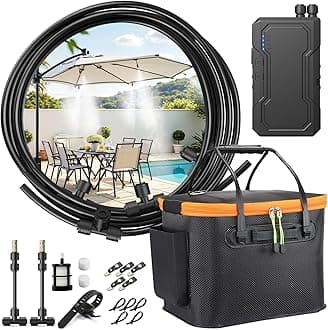 Ausic Portable Misting Systems, Outdoor Water Cooling Misters Set with 6000mAh Water Pump, 20L Bucket, 26FT (8M) Hose, 6*Nozzles, 10*Clips/Ties for Patio/Umbrella/Pasture/Greenhouse/Canopy/Camping