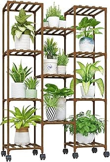 Bamworld Plant Stand With Wheels Indoor Outdoor Wood Plants Shelf for Multiple Plants 11 Pots,Tall Large Flower Holder for Living Room, Patio, Balcony, Garden