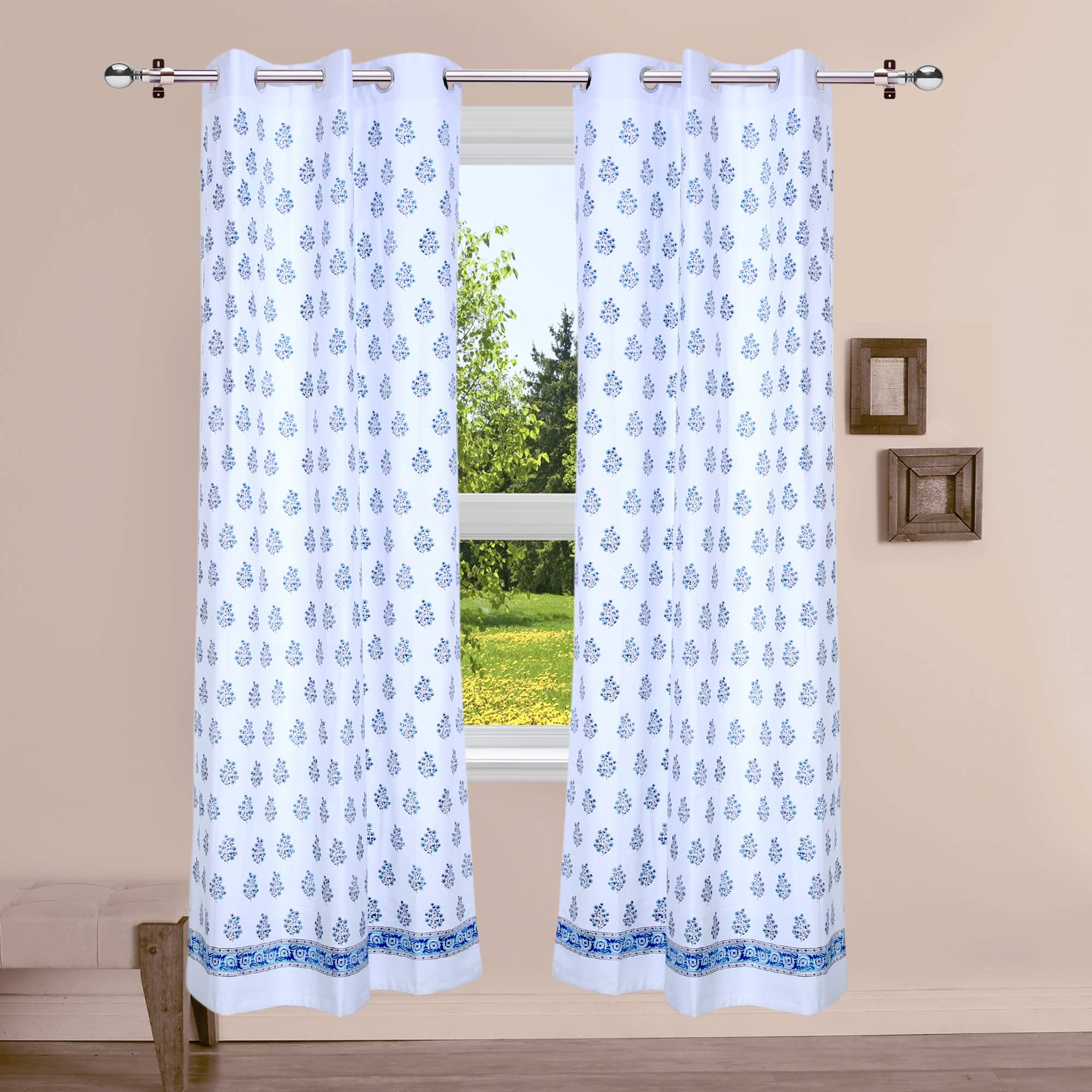 Linenwalas Cotton Solid Windows Curtains With Back Loops, Set Of 2 Printed Curtains, Home Décor Curtains For Living Room, Bedroom, 4.5Ft X 5Ft, Mughal Boota - Sheer, Back Tab, Blue