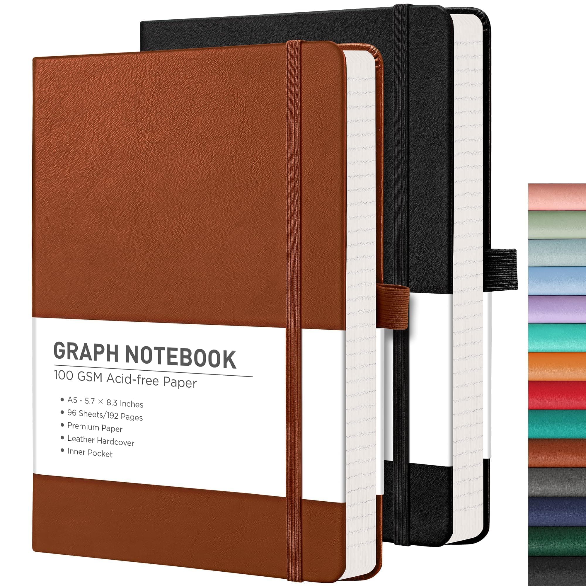 Graph Grid Paper Notebook, 2-Pack, 192 Pages per Pack, A5 Medium Size (5.7'' x 8.3''), Leather Hardcover, 100 GSM Thick Paper, for School, Students, Math, Engineering (Black & Brown)