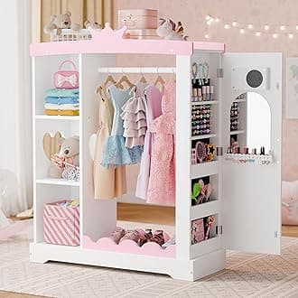 Xilingol Kids Armoire with Jewelry Cabinet, Dress up Storage with Mirror and Shelves, Princess Dress Closet and Costumes Wardrobe Closet, Costume Organizer for Bedroom, Kids Room, Girls (White)