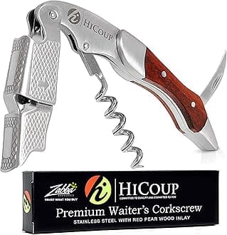 Hicoup Wine Opener - Professional Corkscrews for Wine Bottles w/Foil Cutter and Cap Remover - Manual Wine Key for Servers, Waiters, Bartenders and Home Use - Stainless Steel With Red Pear Wood Inlay