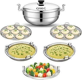 stainless steel Induction Bottom idli maker 28cm Multi Kadai idly Steamer dhokla cooker | 3 layer thick Base All-in-One Big Size with 5 Plate | 2 idli | 2 Dhokla | 1 Patra | Induction & Gas stove Compatible | Sandwich Bottom Multipurpose kadai