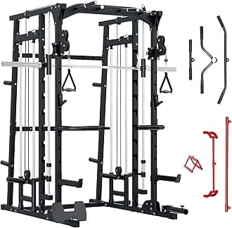 Major Fitness SML07 Machine All-in-One Home Gym Power Cage with Weight Bar and Two LAT Pull-Down Systems and Cable Crossover Machine, Exercise Attachment