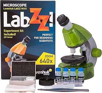 Levenhuk LabZZ M101 Lime 640x Portable Microscope Science Kit for Children with LED Light, Kids Beginner Educational STEM Toys Set, Prepared Sample Slides, and Illustarted Experiment Guide (PL)