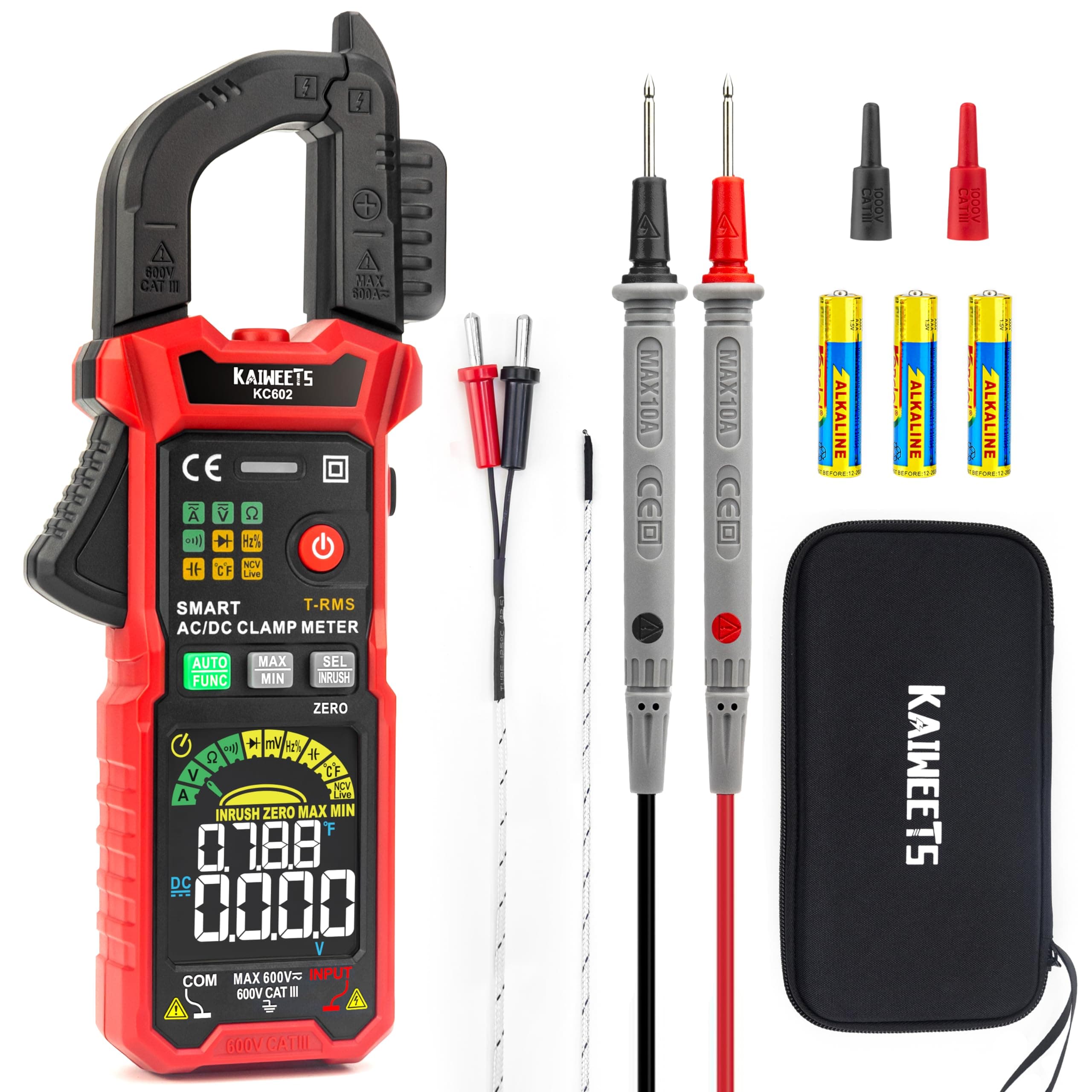 KAIWEETS Smart Digital Clamp Meter with D-Shaped Jaws, Clamp Multimeter with Inrush Current Function, Auto-ranging Amp Meter Built-in HD Color Screen, Measures AC/DC Current Voltage Temperature NCV