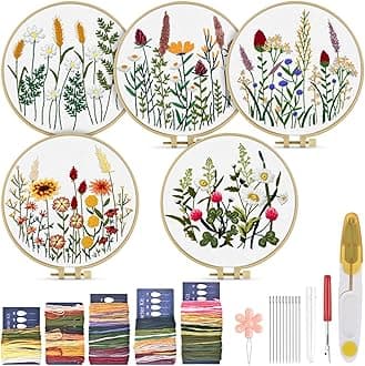 TINDTOP5 Sets Embroidery Kit for Adults, Floral Embroidery Practice Kit for Beginners Include Embroidery Cloth Hoops Threads for Craft Lover Hand Stitch