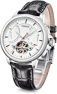 TIME100 Men's Automatic Watch Navigator-Series Tourbillon-Style Dual Time Zone Business Calendar Mechanical Watch Leather Strap