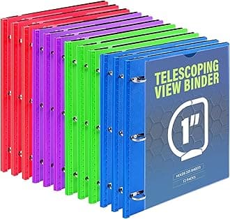 WOT I 1 Inch Telescoping 3 Ring Binder 12 Pack, Expandable Flexible Binder with Customizable Front Cover & Clear Catalog Pocket, Holds 225 Sheets, Assorted Colors, School Office Supplies