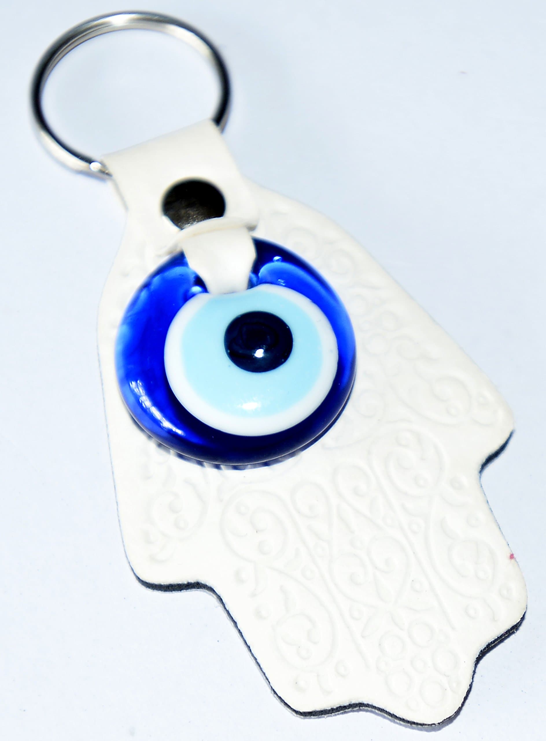Classic Middle Eastern Large Evil Eye Keychain Key Ring with Hand Cut Leather Hamsa Hand