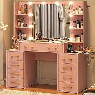 Glass Top Vanity Desk with Mirror and Lights, Large Vanity Makeup Mirror Desk with Charging Station Compartment Storage Drawers, Modern Makeup Vanity with 9 Drawers 6 Shelves, Pink