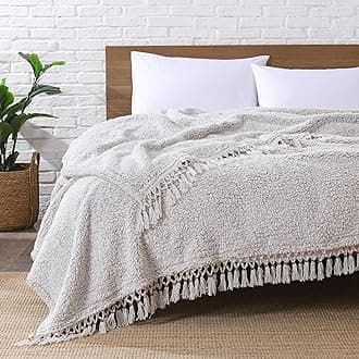 Ultra Soft Fleece Sherpa Blanket Queen Size,Lightweight Cozy Boho Bed Blanket with Decorative Tassel, Pattern Reversible, 2 Tones Ombre Light Brown, 90”x90”