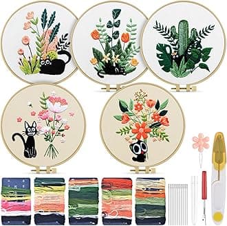 TINDTOP Embroidery Kit for Adults, Embroidery Kit for Beginners Include Embroidery Cloth Hoops Threads for Craft Lover Hand Stitch with Embroidery Skill Techniques (Black Cat)