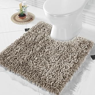 Yimobra Toilet Rugs U Shaped Washable, Extra Thick Soft Absorbent Chenille Contour Bathroom Rugs for Toilet 24x20 Inch, Quick Dry Non Slip Toilet Mat for Bath Floor, Light Brown