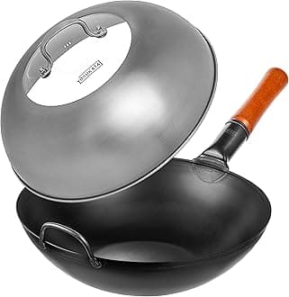 YOSUKATA Carbon Steel Wok Pan – 13,5 “ Woks and Stir Fry Pans + Wok Lid 12.8 Inch - Premium Stainless Wok Cover with Tempered Glass Insert Steam Holes and Ergonomic Handle