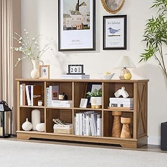 Farmhouse 8 Cube Bookshelf, Storage Organizer Bookcase, Kids Toy Storage Cabinet, Long Bookshelves Storage Organizer Shelf, Wood Display Cabinet Book Shelves for Bedroom,Living Room, Natural Oak