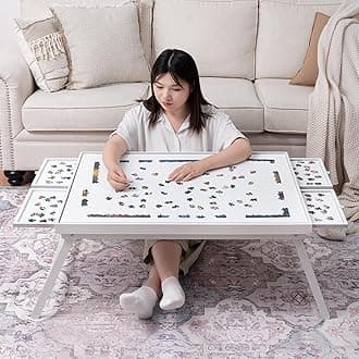 TEAKMAMA 1500 Piece Wooden Jigsaw Puzzle Board with 4 Drawers, Folding Puzzle Table with Protective Cover, Puzzle Board with Legs, Multifunctional Puzzle Board for Adults, 34W x 26.3D, White