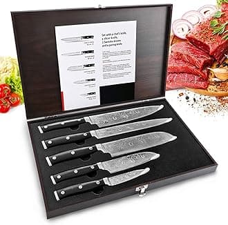 Sharp Knife Set, 5 Pieces Professional Chef Knives Sets, Damascus Kitchen Knives with Gift Box, Stainless Steel Finish Blades Resembling, Includes Chef, Paring, Utility, Slicing, 2 Sankotu
