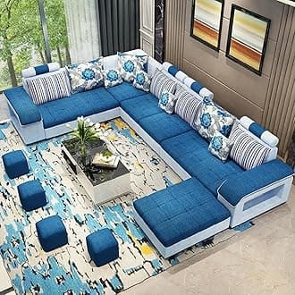 Poppins HOME Modern 6 Seater U Shaped Velvet Sectional Sofa for Classic Living Rooms Luxury Design Modular Fabric Set (Blue)
