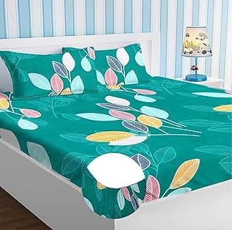Premium Cotton Elastic Fitted Bedsheets with 2 King Size Pillow Covers | Double Bed with All Around Elastic 180 TC Supersoft | Size - 72 King Sizex78+10 inches | Blue and White Leaf