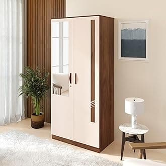 BLUEWUD Andrie Engineered Wood 2 Door Wardrobe/Clothes Storage Rack Organizer Almirah Cupboard, 6 Shelves & 1 Drawer with Lock for Bedroom Home Furniture (with Mirror, Brown Maple & Beige)