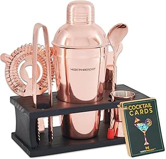 Mixology Bartender Kit - 8-Piece Copper Cocktail Shaker Set with Black Pine Wood Stand, Recipe Cards, and Bar Accessories Ideas