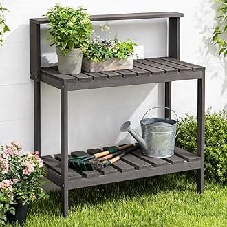 Psilvam Outdoor Potting Bench Table, HDPS Potting Bench with Storage, Outdoor Potting Table for Porch, No Rust, No Fade, Rot-Resistant (Grey)