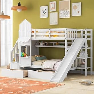 Twin-Over-Twin Bunk Beds Castle Style Bunk Bed with 2 Drawers 3 Shelves and Slide - White