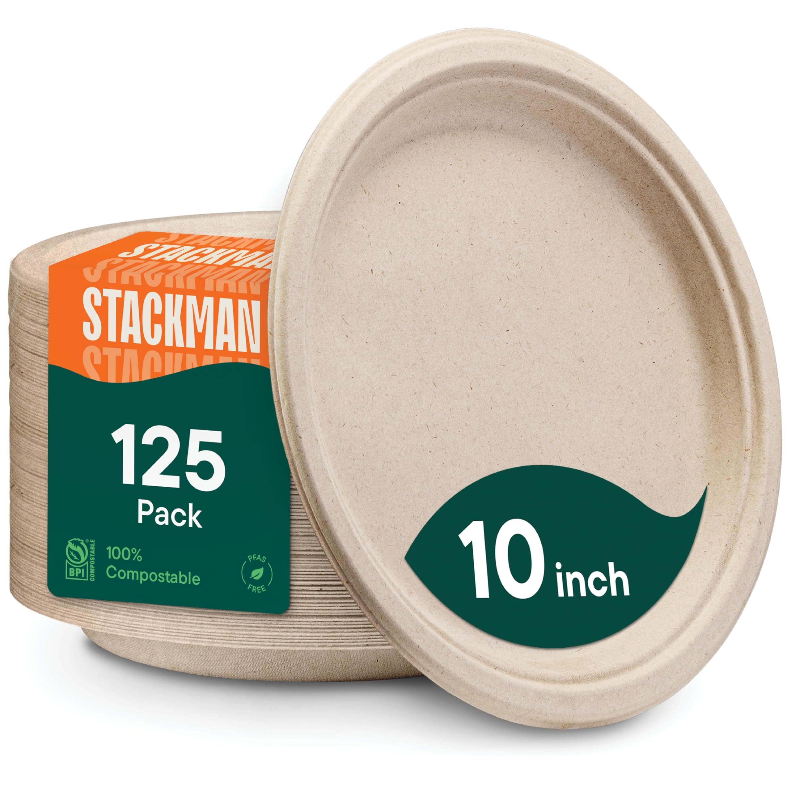 Stack Man 100% Compostable Paper Plates 10 inch Bulk {125-Pack] Disposable Plates Heavy-Duty Quality, Natural Bagasse Eco-Friendly Biodegradable Made of Sugar Cane Fiber, Large 10" Dinner Plate