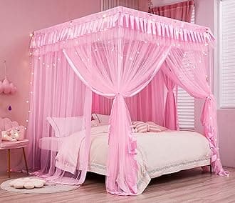 Mengersi Princess 4 Corners Post Bed Curtain Canopy Mosquito Net (Pink, Full)